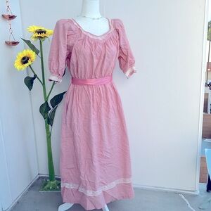 Vintage 70s 80s Soft Pink Micro Floral Print Puff Sleeve Midi Prairie Dress